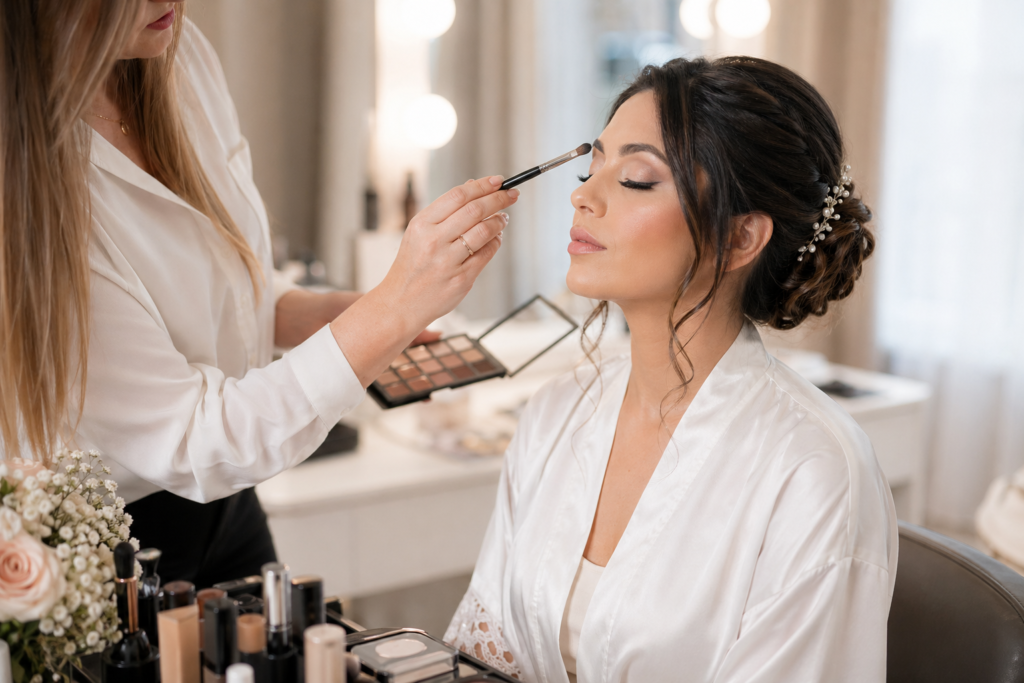 Bride receiving a soft glam makeup trial in a bright Chicago beauty studio