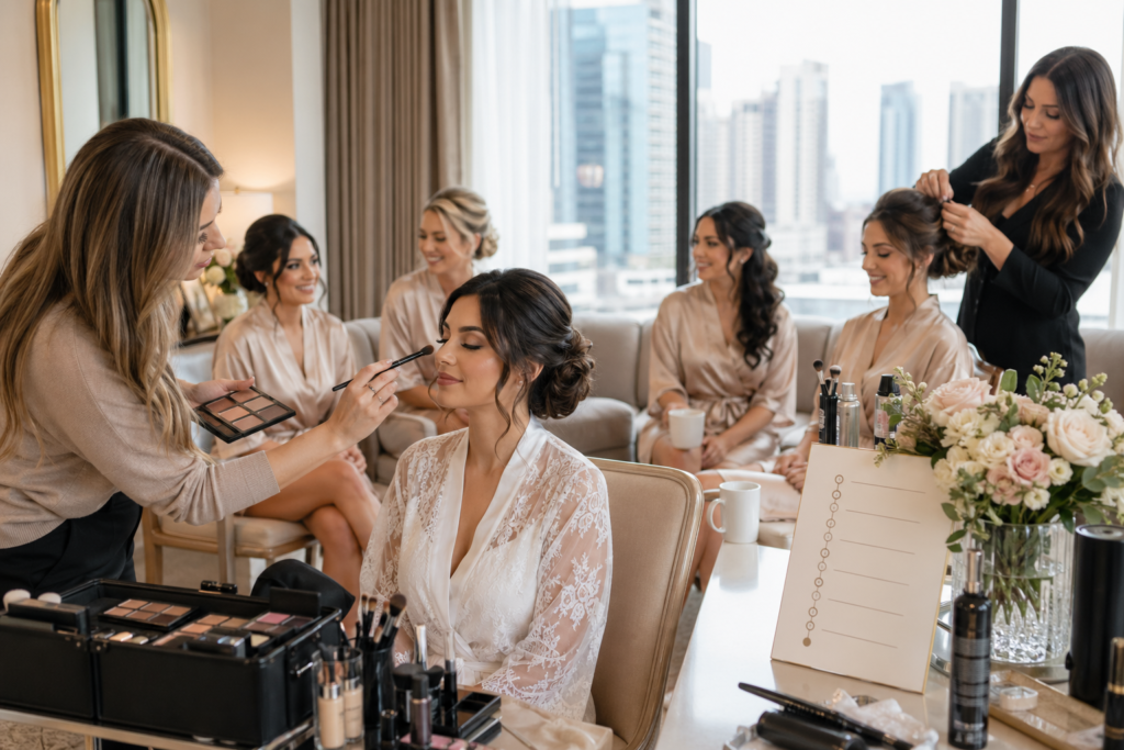 Bride and bridesmaids getting ready with makeup and hair artists on a calm wedding morning