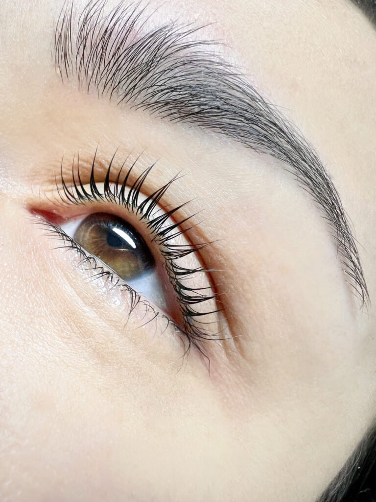 Close-up of lifted lashes after lash lamination and tinting