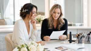 Bride reviewing wedding hair and makeup pricing with a beauty artist in a bright bridal studio