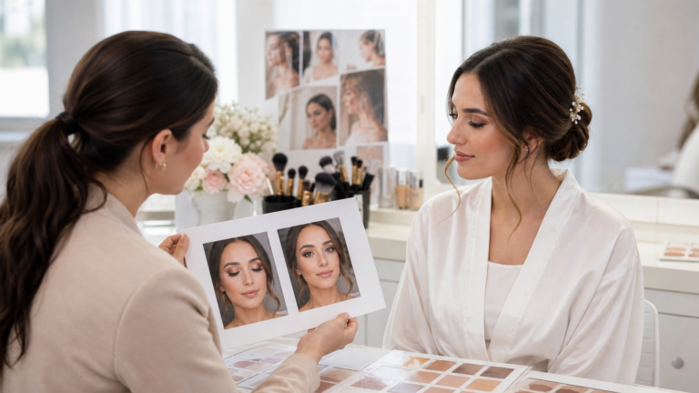 Bride and makeup artist reviewing bridal makeup trial inspiration and soft glam options