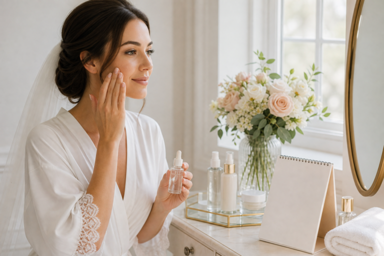 Bride applying skincare before the wedding beside a simple vanity and flowers