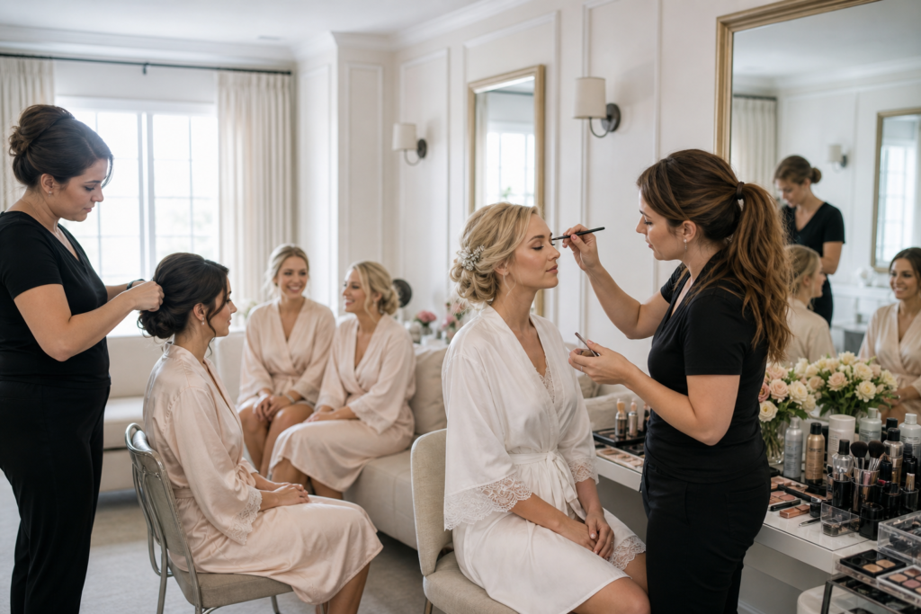 Two beauty artists preparing a bride and bridesmaids in a large bridal suite