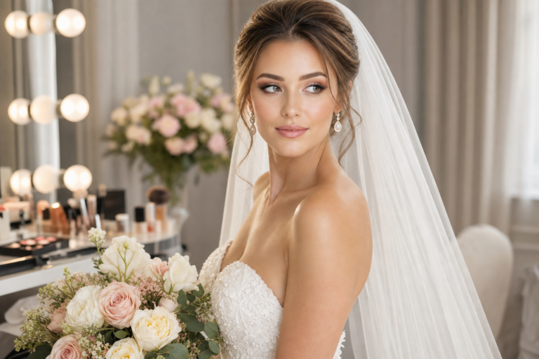 Bride with timeless luxury bridal makeup, veil, and soft camera-ready glam