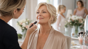Mother of the bride receiving soft polished makeup for mature skin in a bright wedding suite