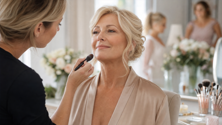 Mother of the bride receiving soft polished makeup for mature skin in a bright wedding suite