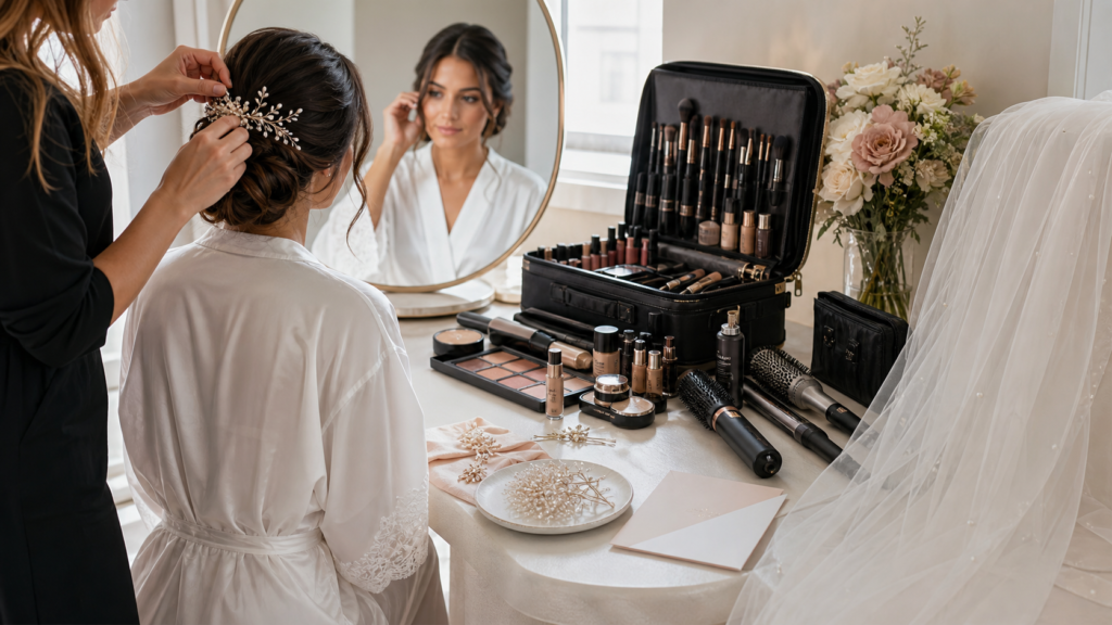 Bridal hair accessories makeup kit and veil arranged for a wedding hair and makeup package