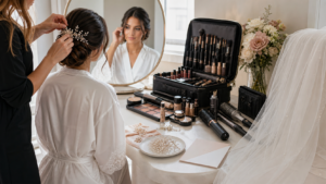 Bridal hair accessories makeup kit and veil arranged for a wedding hair and makeup package