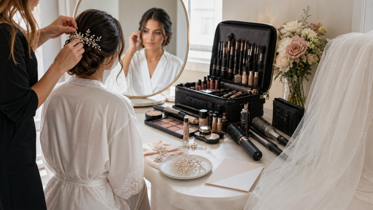 Bridal hair accessories makeup kit and veil arranged for a wedding hair and makeup package