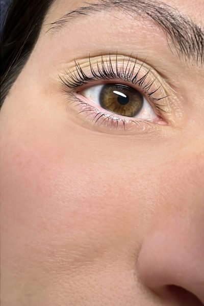 Brow lamination close-up with defined brow texture and clean shape