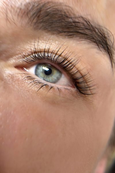 Close-up result of lash lamination and tinting in Buffalo Grove