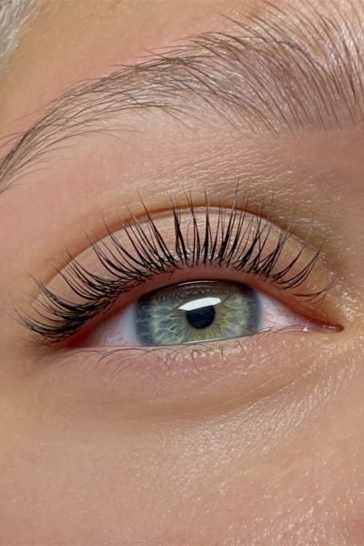 Detailed result of lash and brow lamination with a natural lifted look